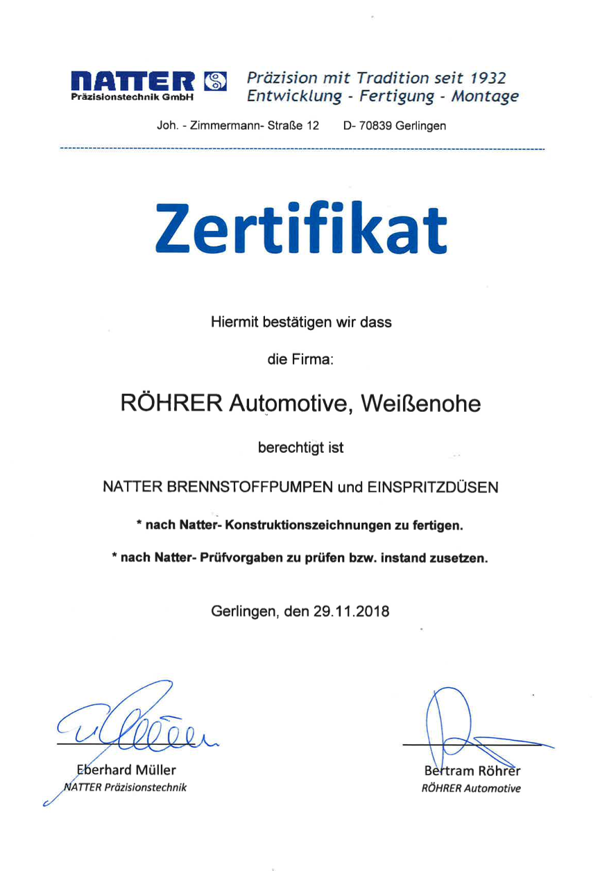 Natter Zertifikat Röhrer Automotive